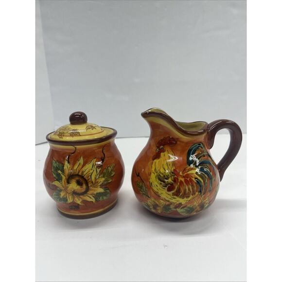 Maxcera Ceramic Rooster And Sunflower Creamer and Sugar Set - Picture 1 of 12
